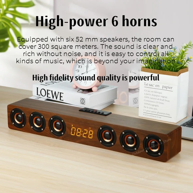 Holz 6 Horn Sound bar Lautsprecher Musik Akustik system 24w Hifi Stereo Musik Surround LED Uhr Display Outdoor Bluetooth Lautsprecher