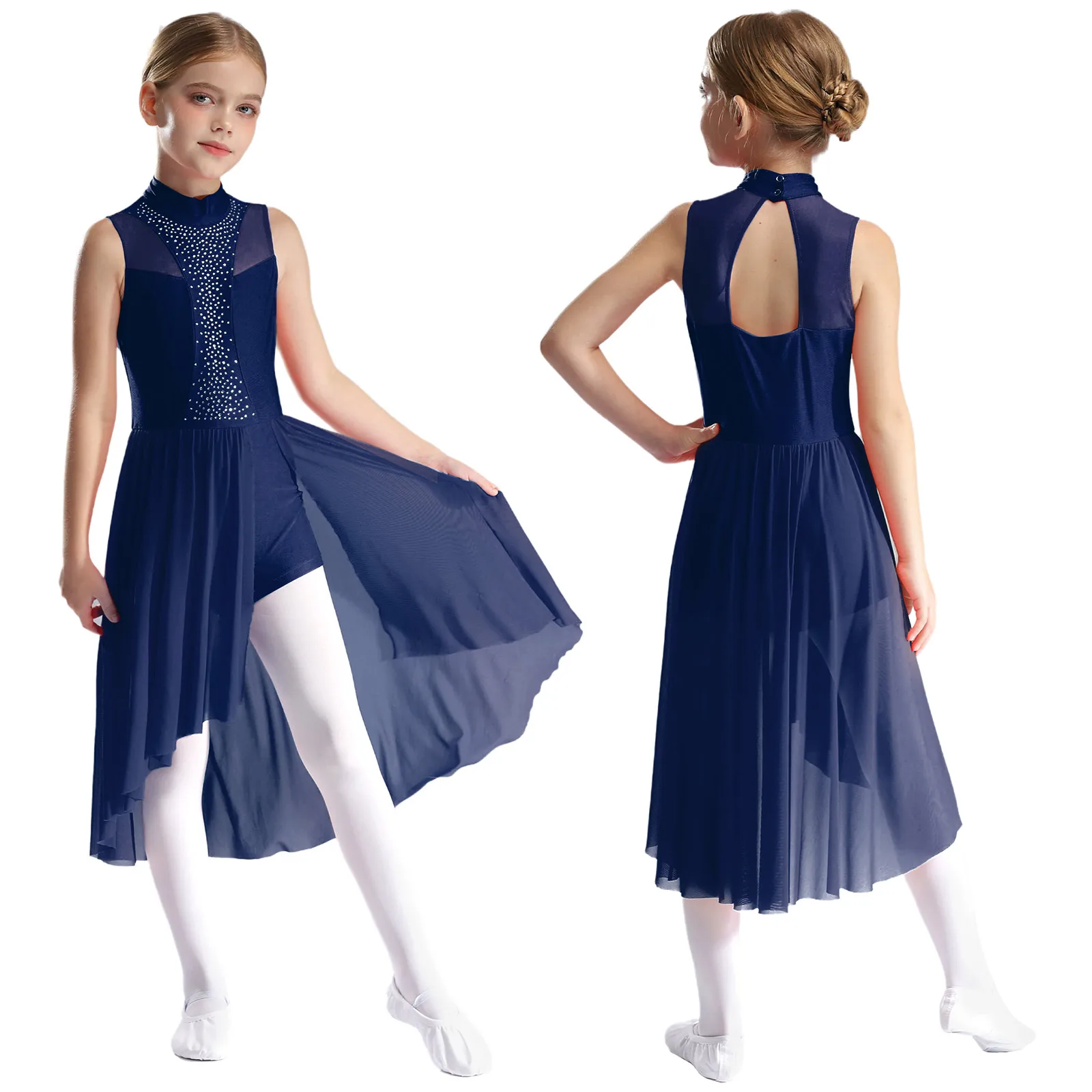 Kinderen meisjes chiffon balletjurk mouwloos nephals uitsparing achterkant split asymmetrische zoom sprankelende strass dansjurken - afbeelding 1