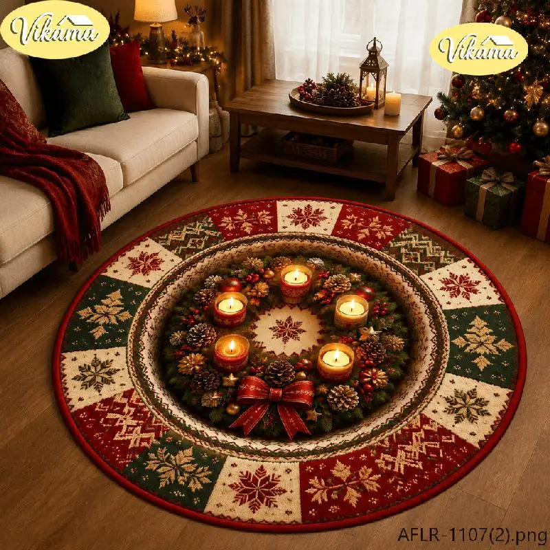 VIKAMA Christmas Round Rug Christmas Wreath Robin Red Berry Area Rug Living Room Holiday Home Decor Aesthetic Art Large Premium