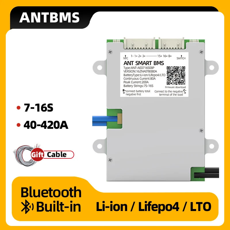 ANT SMART BMS 7S~16S Li-Ion LiFePo4 LTO 18650 Battery 40A 80A 110A 130A 575A 1050A 24V 36V 48V 60V 72V Built-in BT smart Balance