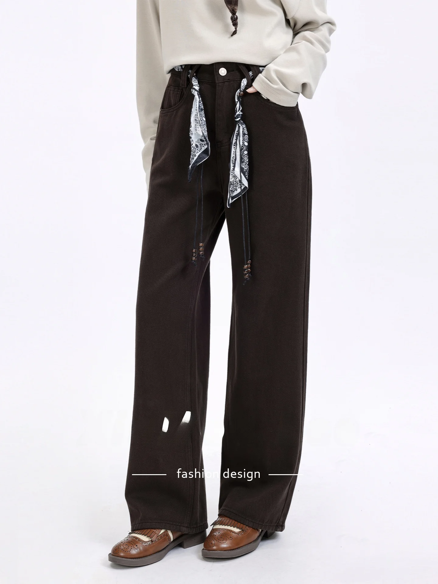 

Коричневые прямые джинсы в стиле ретро, универсальные узкие джинсовые брюки, широкий шарф, повседневные удобные эластичные женские джинсы