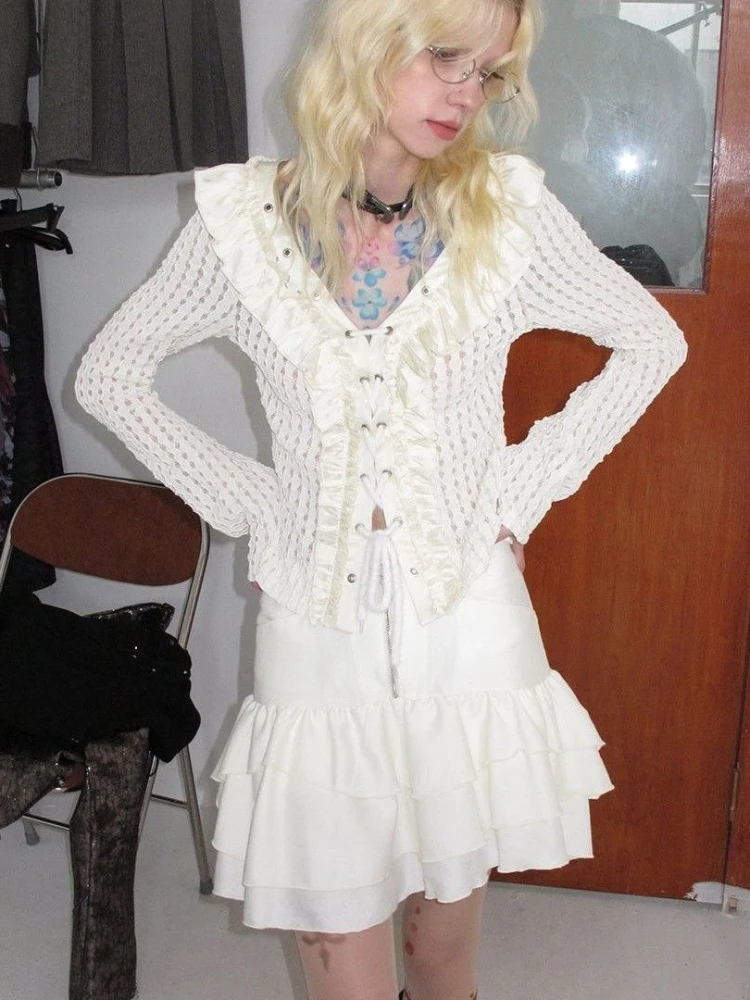 미국 빈티지 Y2K 핫 티셔츠 홀로우 아웃 캐주얼 긴팔 브이넥 레이스 드로스트링 슬림 단색 2000년대 여성 블라우스 가을