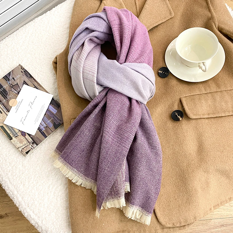 

Зимний женский шарф постепенного цвета, теплая толстая кашемировая шаль, накидки Bufanda, женские шарфы с кисточками, платок из пашмины, шейный платок
