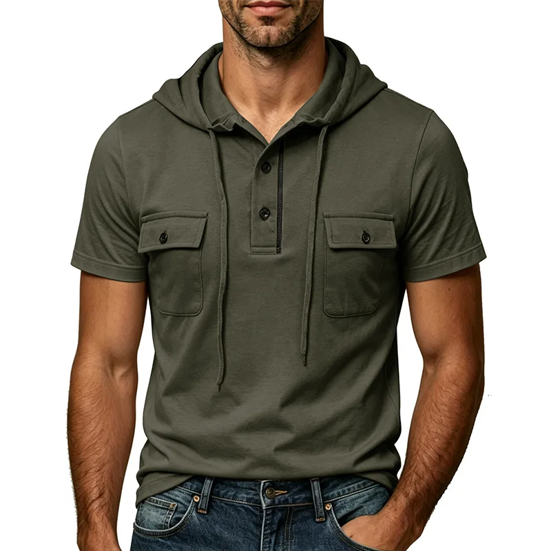 Double Pocket Drawstring Hooded Short Sleeve Henley T-Shirt Men's Outdoor Casual
