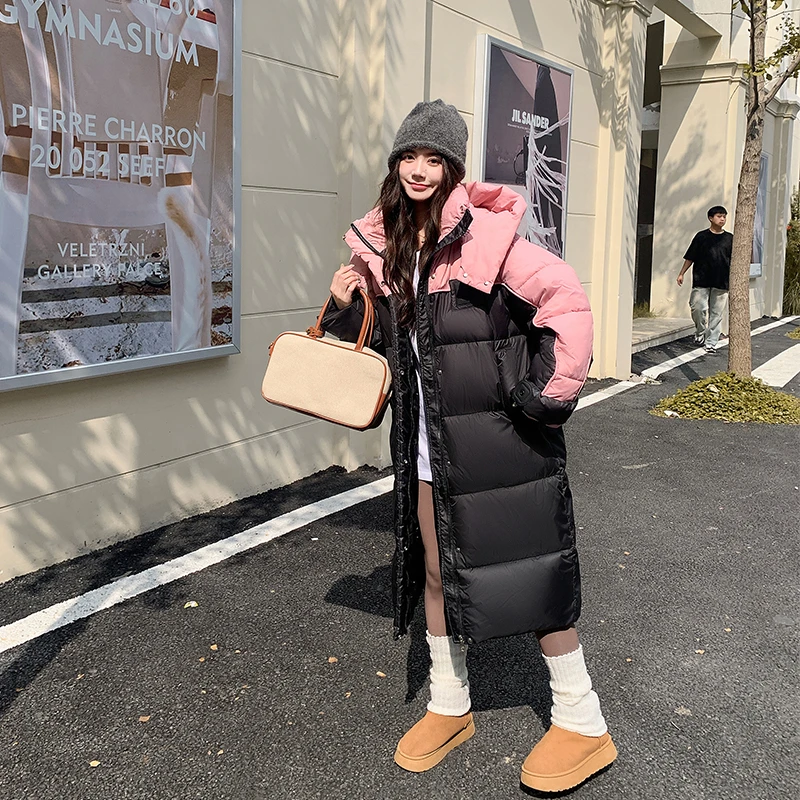 Extended Length Over-Knee Women's Cotton Jacket Thickened down Cotton splice Outerwear Winter Korean Version Student Coat