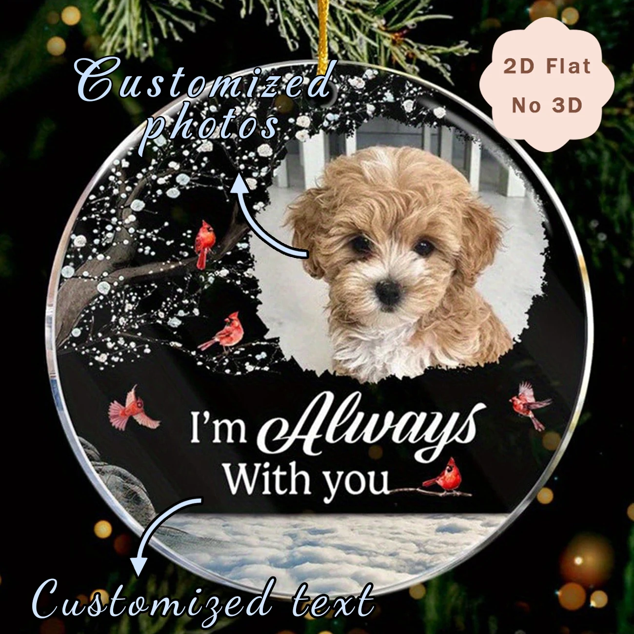 Custom Photo Pet Memorial Ornament, Round Acrylic Christmas Tree Hanging Decoration, Personalized Text Dog Cat Remembrance Keeps