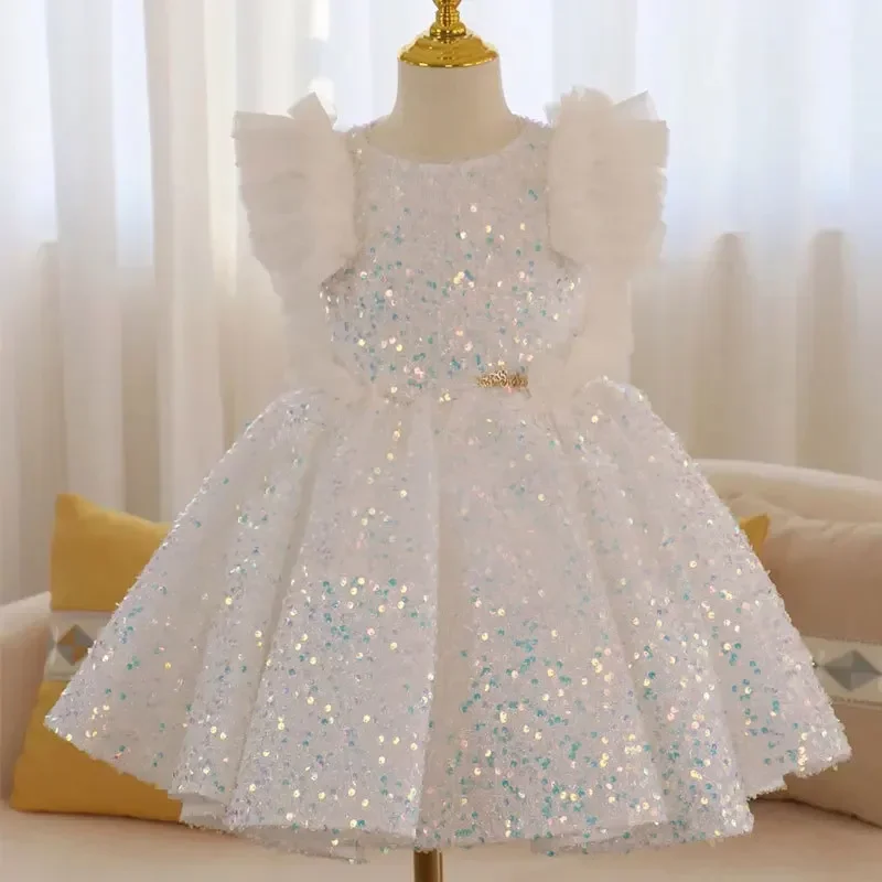 White Sequins Children's Princess Dress Kids Ball Gown Girls Tulle Birthday Party Prom Clothes Easter Eid Dresses for Baby Gir