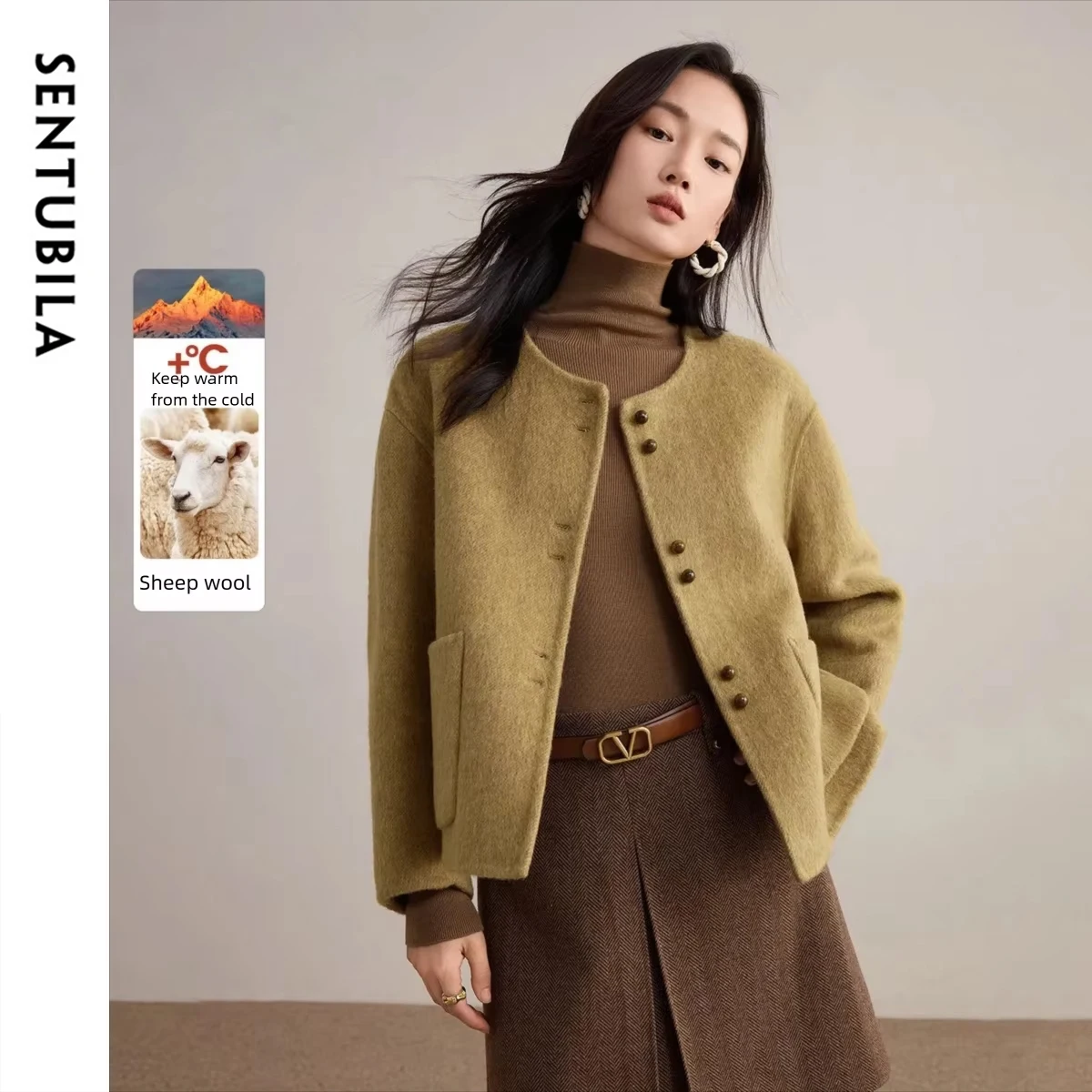 SENTUBILA Women's Double Faced Wool Tweed Coat 2026 Winter O-Neck Contrast Color Two Button Fashion Warm Overcoat W54OG1883