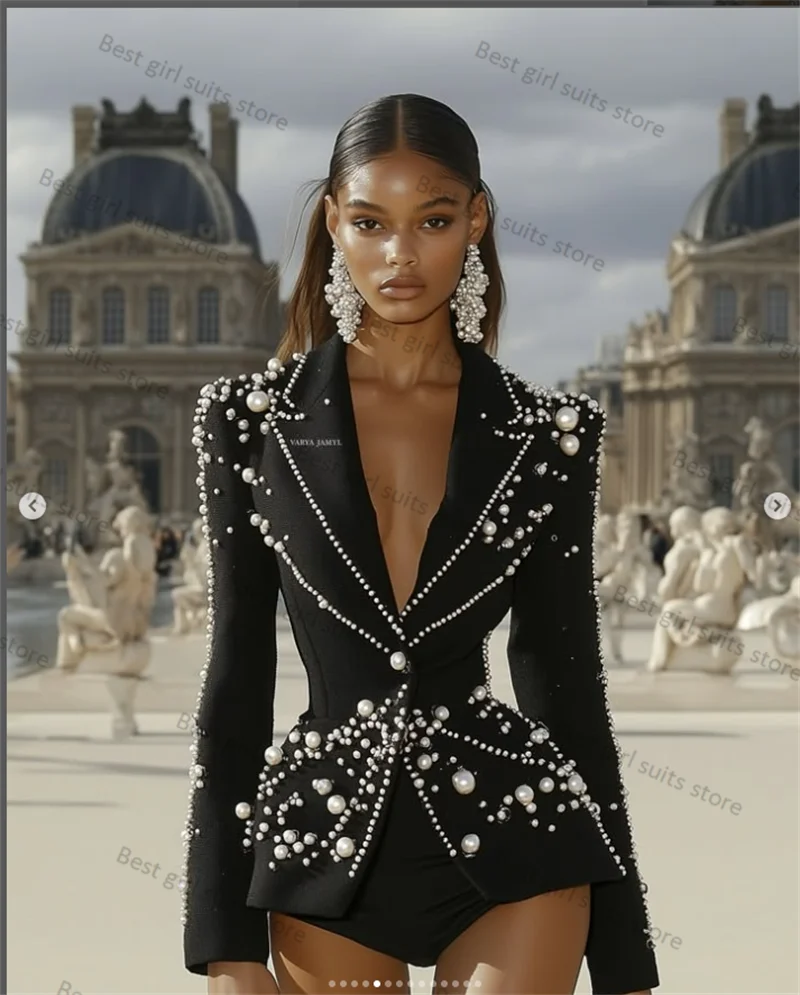 Black Women Suit 1 Piece Blazer Luxury Pearls Formal Office Lady Jacket Customized Wedding Tuxedos Coat Outfit