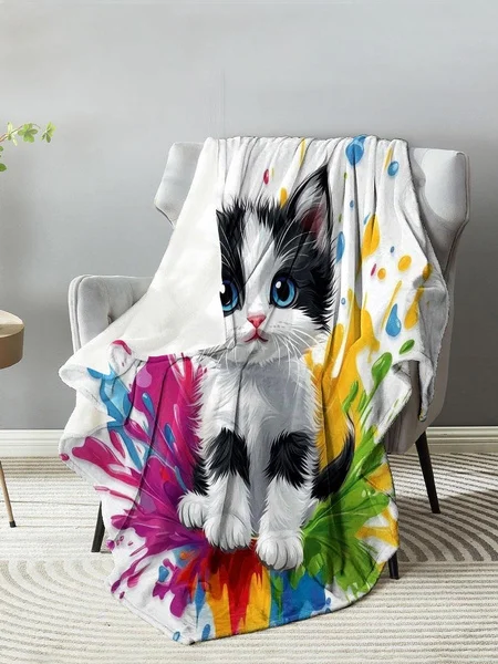 

Cute Black and White Kitten with Colorful Paint Splash Printed Soft Blanket