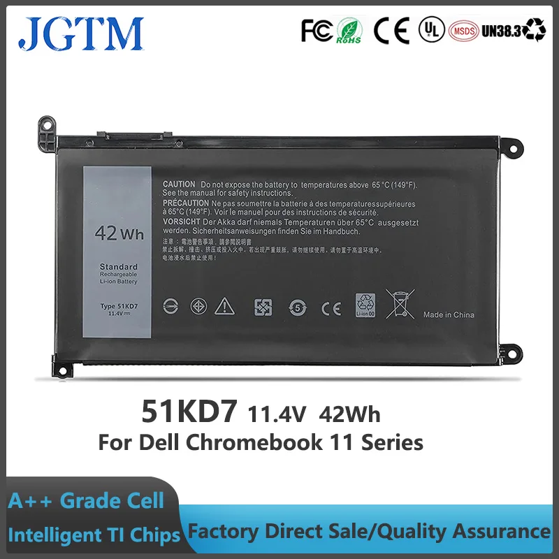 JGTM 51KD7 Laptop Battery Replacement for Dell Chromebook 11 3100 3180 3189 5190 3181 2-in-1 Series P28T001 Y07HK FY8XM 0FY8XM