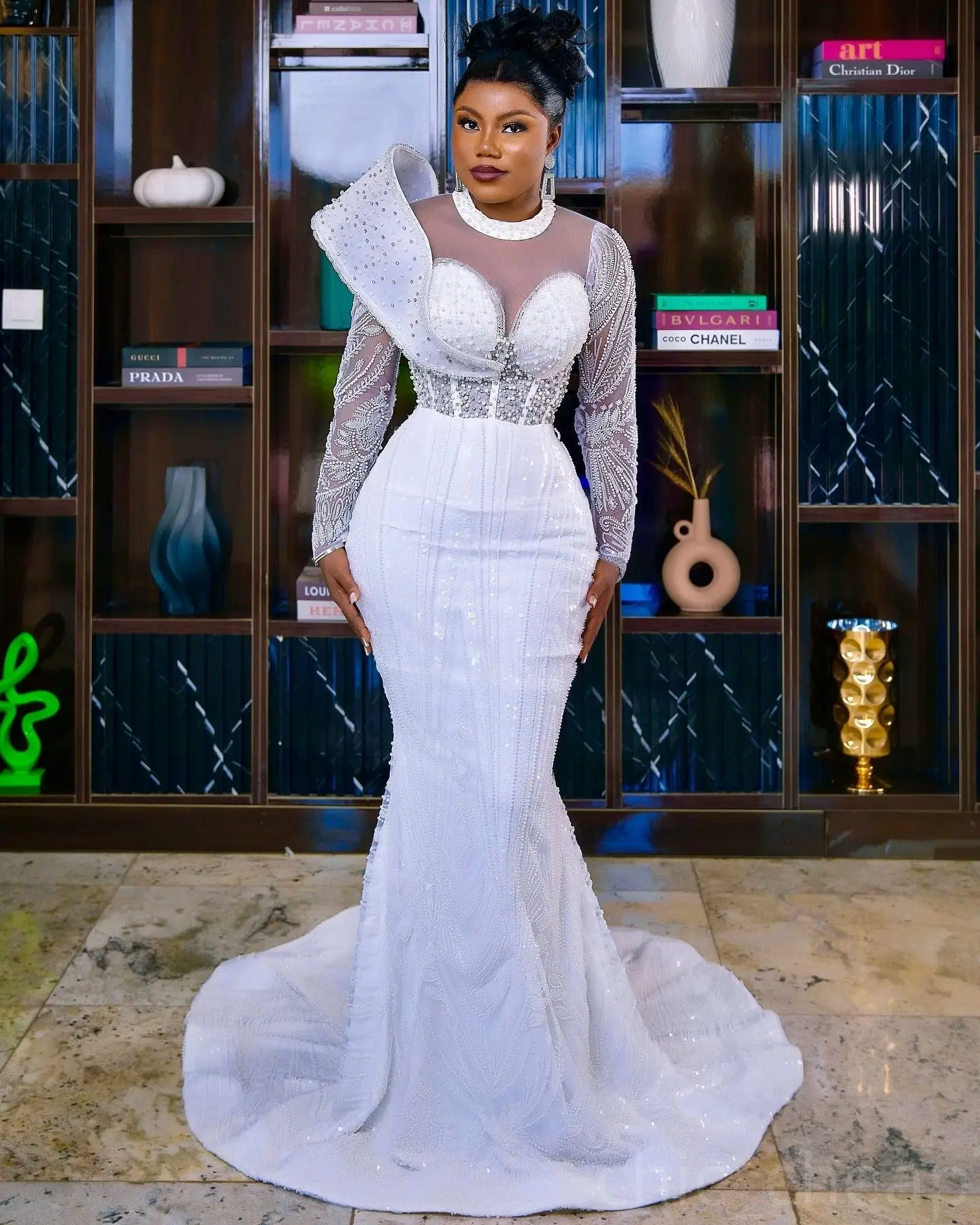 Customized Plus Size White Mermaid Wedding Dresses Pearls Crystals Sequined Lace Detachable Train Stylish Bridal Gowns Dress