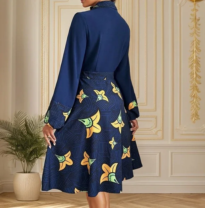 Damskie sukienki codzienne Moda Jesień Kołnierzyk Guziki Długi Rękaw Sukienka Koszulowa w Kwiatowy Wzór Codzienna Sukienka Damska w Stylu Vintage Trapezowa