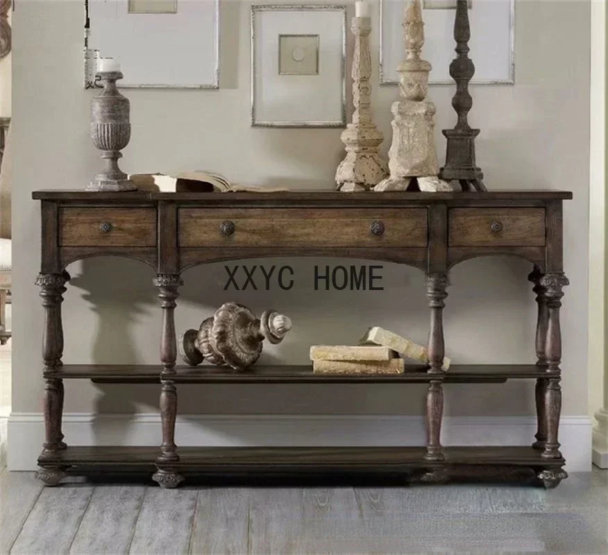 Solid Wood Console Tables Console Hallway Vintage Engraving Decoration Table Storage Table