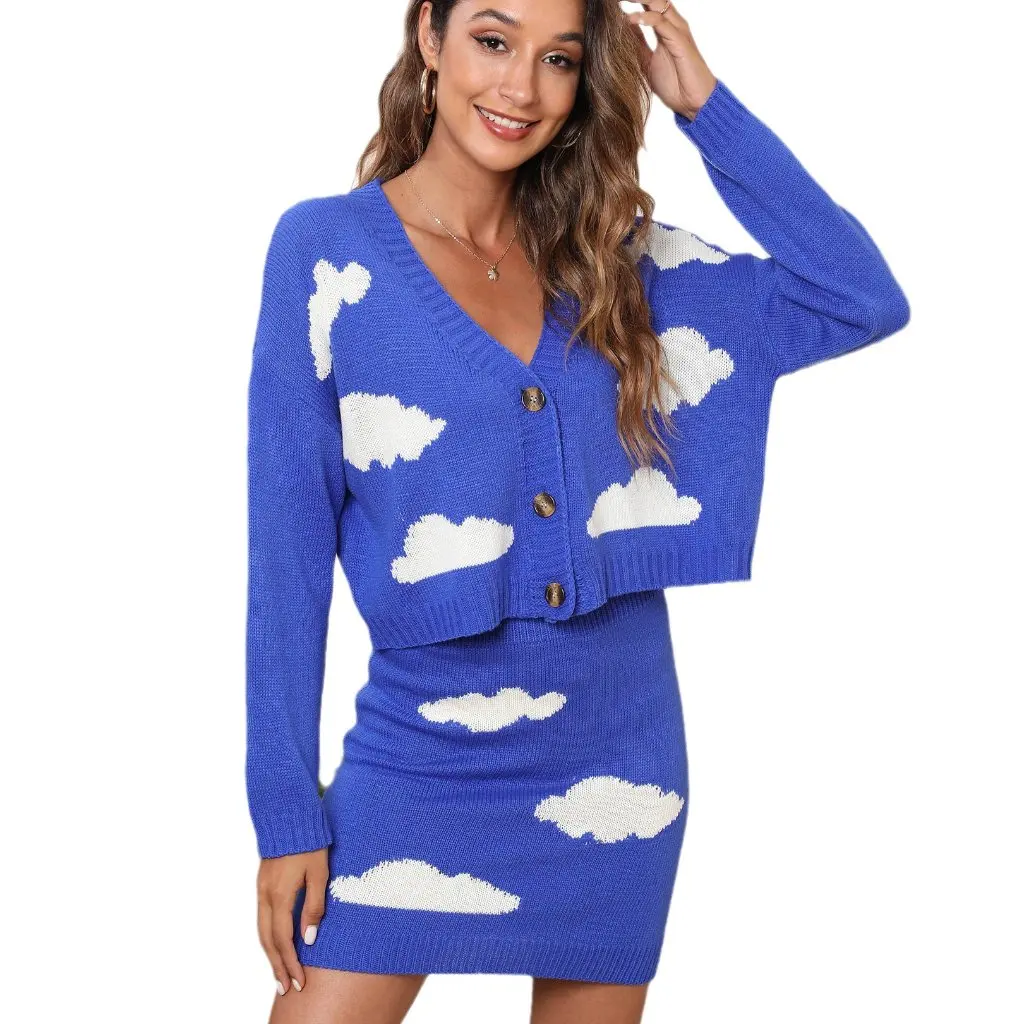 

Women's White Cloud Jacquard Cardigan And Skirt Two-Piece Set Three-Button European American Style Hip Sweater M612