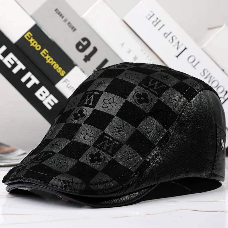 

X7043 Adult Genuine Leather Hat Girls Sheep Skin Beret Cap Genuine Leather Beret Sheepskin Checkered Print Caps Adjust