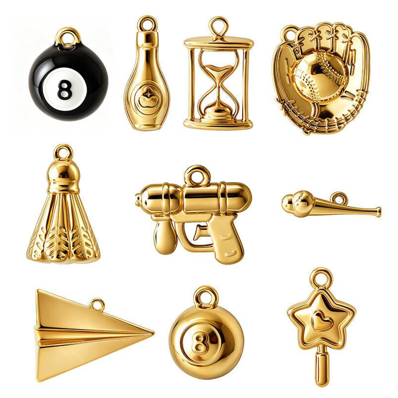 4 Pcs 316 Stainless Steel 3D Sports Charms Baseball Bat Billiards Badminton Airplane Hourglass Pendants DIY Necklace Wholesale