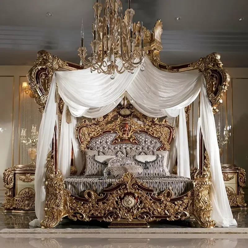 European French Bedroom Sets Hand-Carved Solid Wood Canopy Bed Hot-Selling for Home and Hotel Use