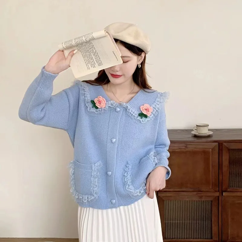 

DAYIFUN-Korean Knitted Cardigans Women,Sweet,Embroidery Design Sweaters with Pockets,Japanese,Kawaii Tops,Autumn and Winter 2023