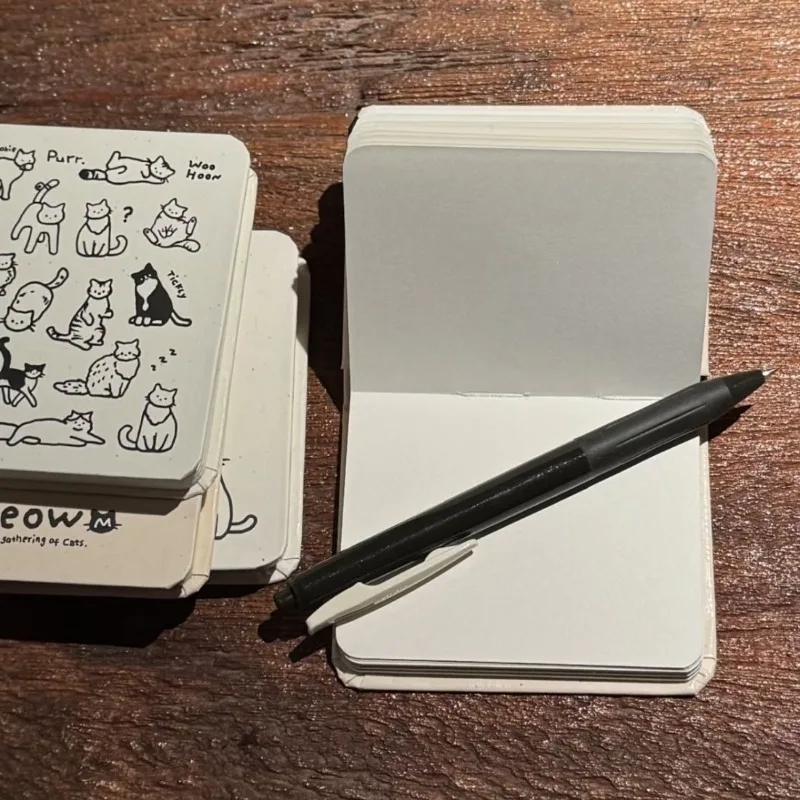 1Pc Cute Kitten Doodle Notebook, pocket faux‑leather pad with pen, blank pages for travel journal, office use and nice gifting