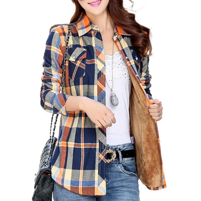 New Women Warm Plaid Shirts Fashion Oversized Winter Checkered Blouse Turn Down Collar Two Pockets Shirt Blusas Feminina M-5XL