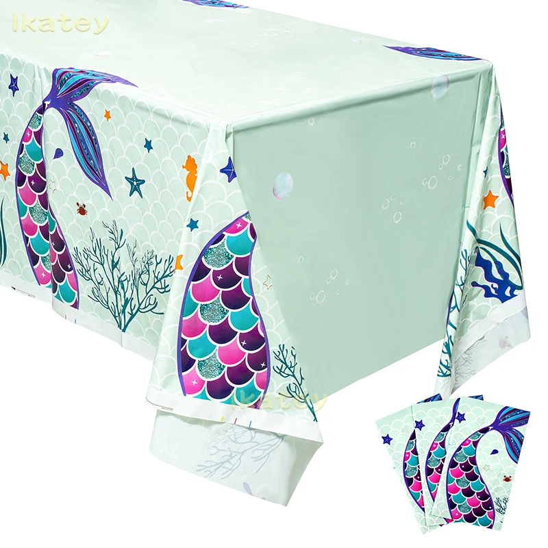 3Pcs Mermaid Table Cover Set Fairy Theme Waterproof Tablecloth Large Plastic Tail Design for Baby Shower Picnic Outdoor Party