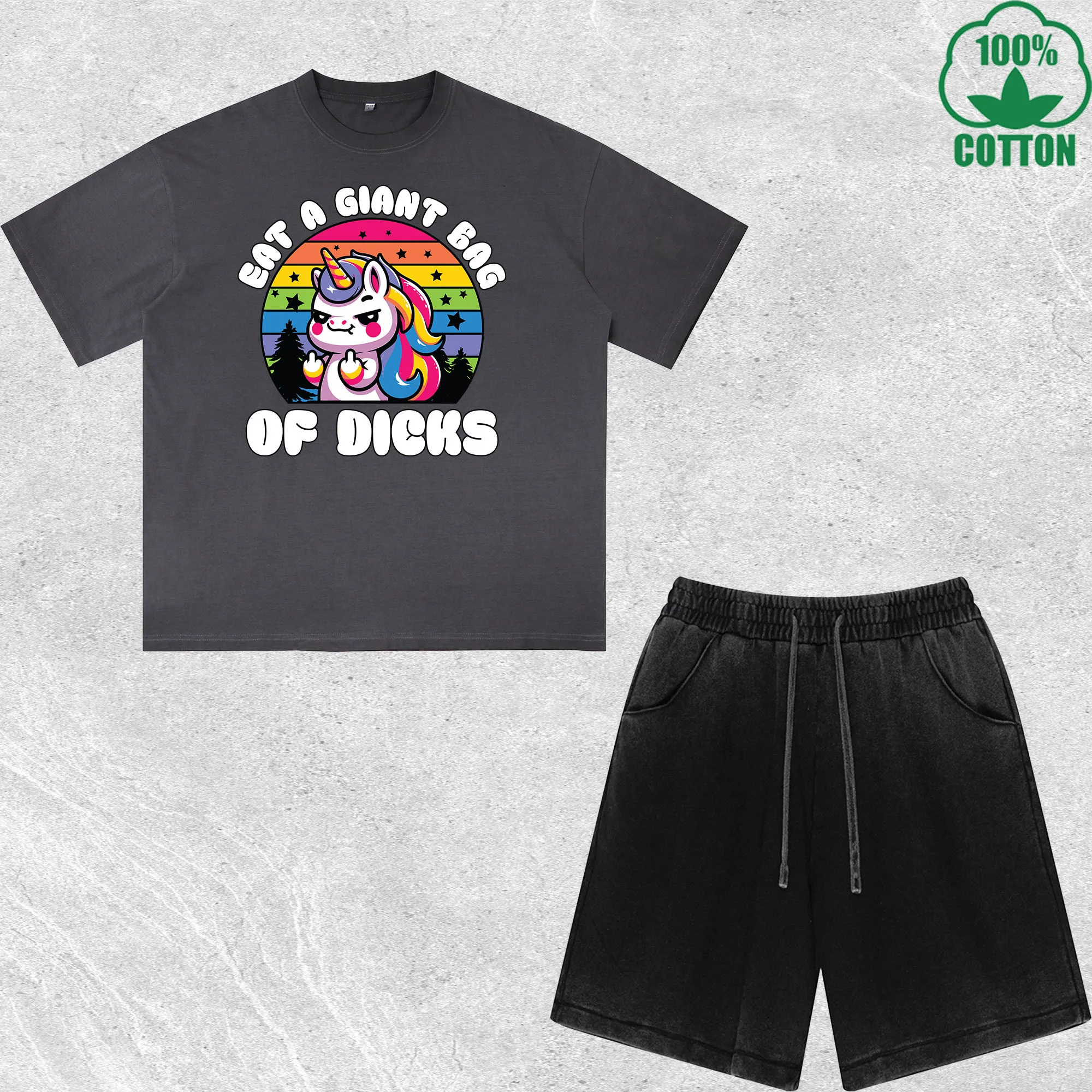 

Funny Eat a Giant Bag Printed Dirty Wash T-Shirt Shorts Set Multicolor Combo Loose Trendy Fashionable 100%Cotton