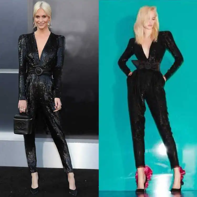 

Bla Slimming Sequin High Waist Bodysuit Faionable V-ne-piece Street Sle Seven/Nine-length Pants Ladies Suit