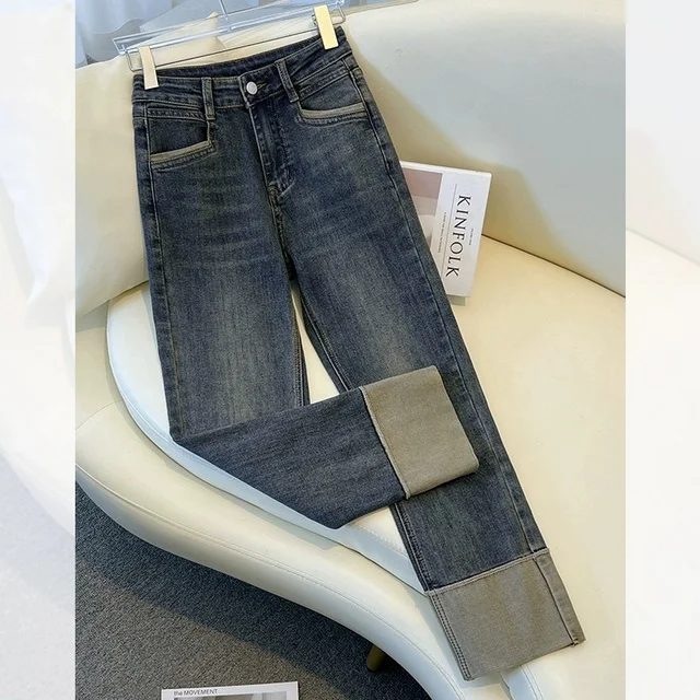 

Spring Summer 2024 Women's Slim Fit High Waist Nine Inch Straight Leg Jeans Cement ey Stretch Denim Casual Trousers