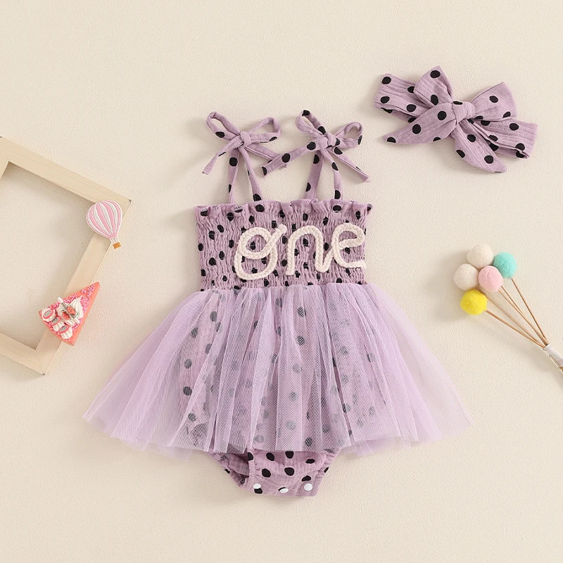 Baby Girls Summer Romper Dress Tie Spaghetti Strap Dot Print Tulle Patchwork Jumpsuit with Bow Headband