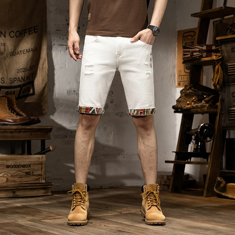 Denim Shorts Men's Summer Stretch Breathable Trendy Men's Personalized Fashion Embroidered Printed Slim Straight Casual Shorts