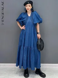 SHENGPALAE Thin Denim Dress For Women 2024 Spring Summer New V-neck Bubble Sleeves Casual Chic Female Dresses Y2k Clothes 5C1073