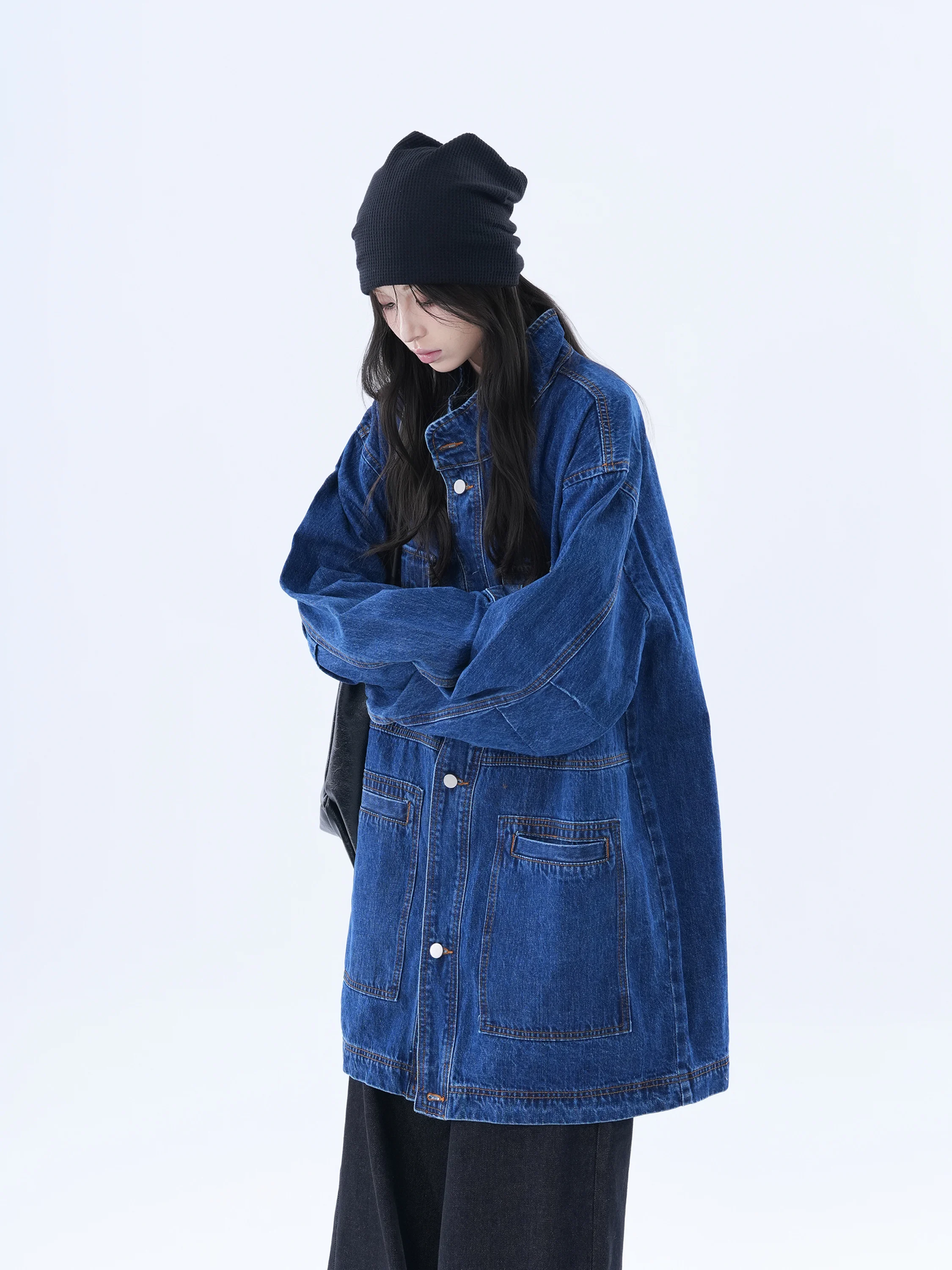 

Retro American Long Women's Denim Jaet Loose Fit Design Sensation Spring Autumn Trendy Coat Casual Workwear Outerwear
