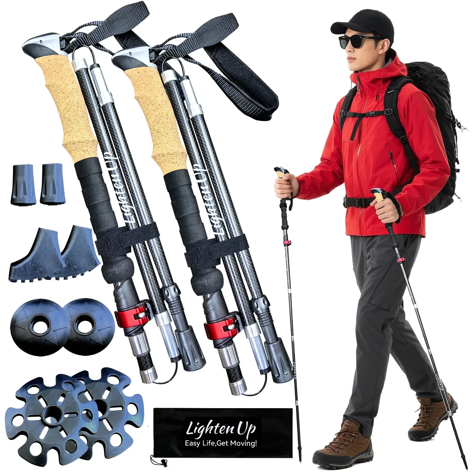 Carbon Fibre Outdoor Trekking Poles EVA Cork Quick Adjustable Locks Walking Sticks Ultralight Poles for Men Women