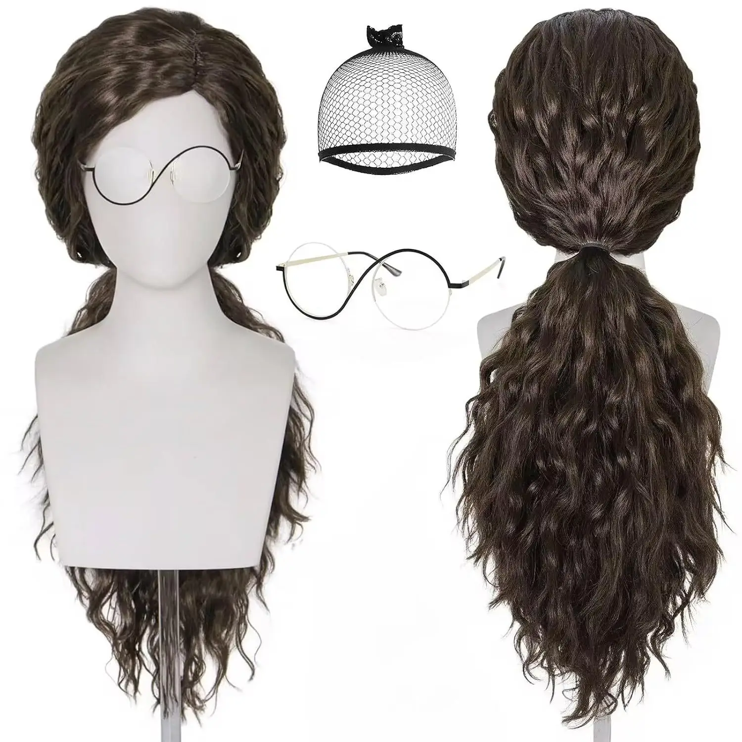 Brown Long Curly Ponytail Wig Glasses Wig Cap Set Synthetic Hair Cosplay Halloween Costume Party Full Wigs for Women