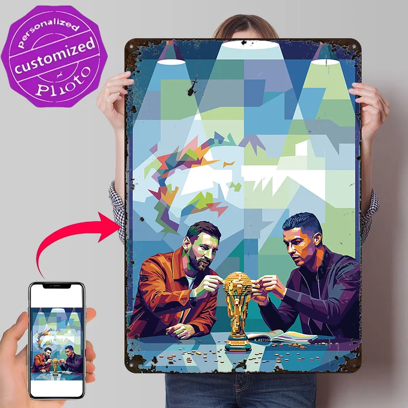 Messi and Ronaldo Build a Trophy Poster Retro 3D Printed Metal Signs Customized Wall Hanging Gift for Room Decoration Items Art