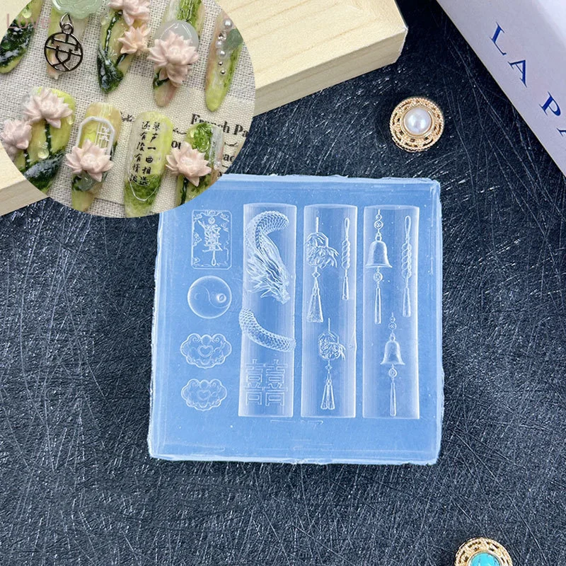 Moule à ongles en Silicone de Style chinois 3D, Dragon exquis, pièces de monnaie en cuivre, cloches, boutons, nœuds chinois, moule en éventail Transparent pour Nail Art