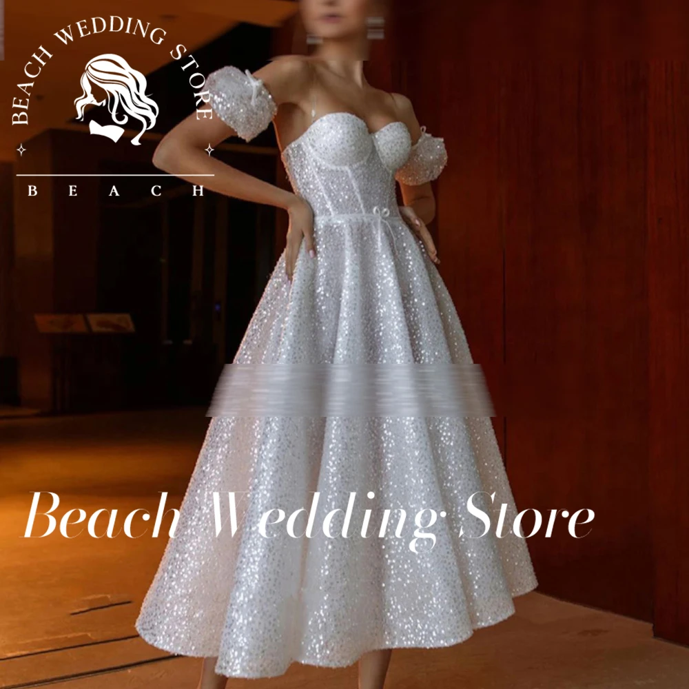 

Beach Customized Short Sexy Sweetheart Sequin Summer Wedding Dress With Detachable Short Sleeves Tea-Length Robe De Gittler Back