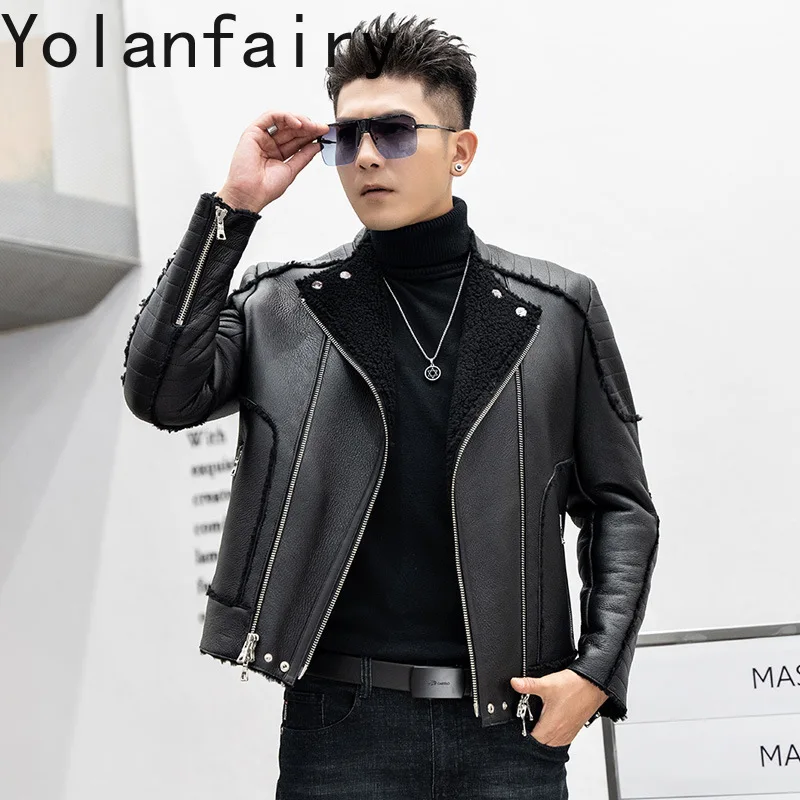 YOLANFAIRY جديد فاخر الشتاء الصوف الطبيعي معطف الفرو رجل قصير دافئ الرجال دراجة نارية سترة جلدية حقيقية معاطف جلد الغنم الحقيقي