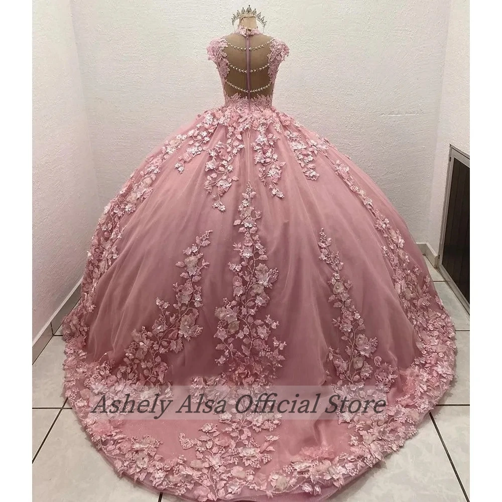 Aangepaste Roze Arabische Prom Jurken Sweet 16 Meisjes 3D Bloemen Sheer Back Verjaardagsfeestje Jurk Vestido De 15 VX Anos Quinceanera