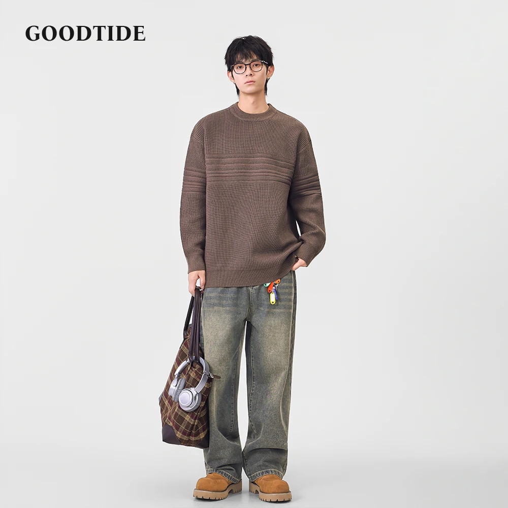 Fashion Men's Casual Crew Neck Sweater 2025 Winter New Textured Stripe Knitted Pullover Comfortable Soft Long Sleeve Jumper Top