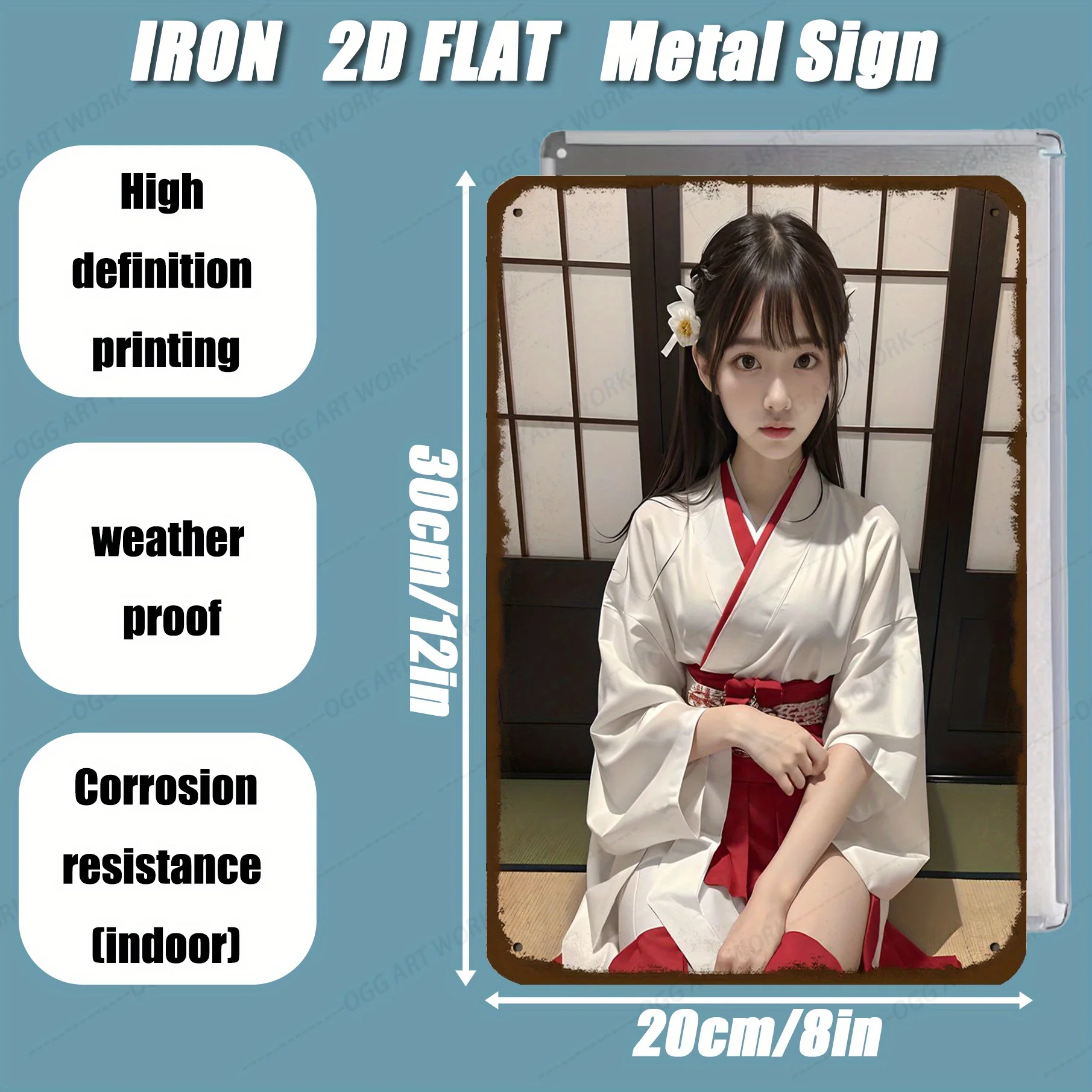 Japanese Geisha Kimono Metal Wall Art, Traditional Japanese Decor with Flowers, Vintage Tin Sign 8x12 Inch