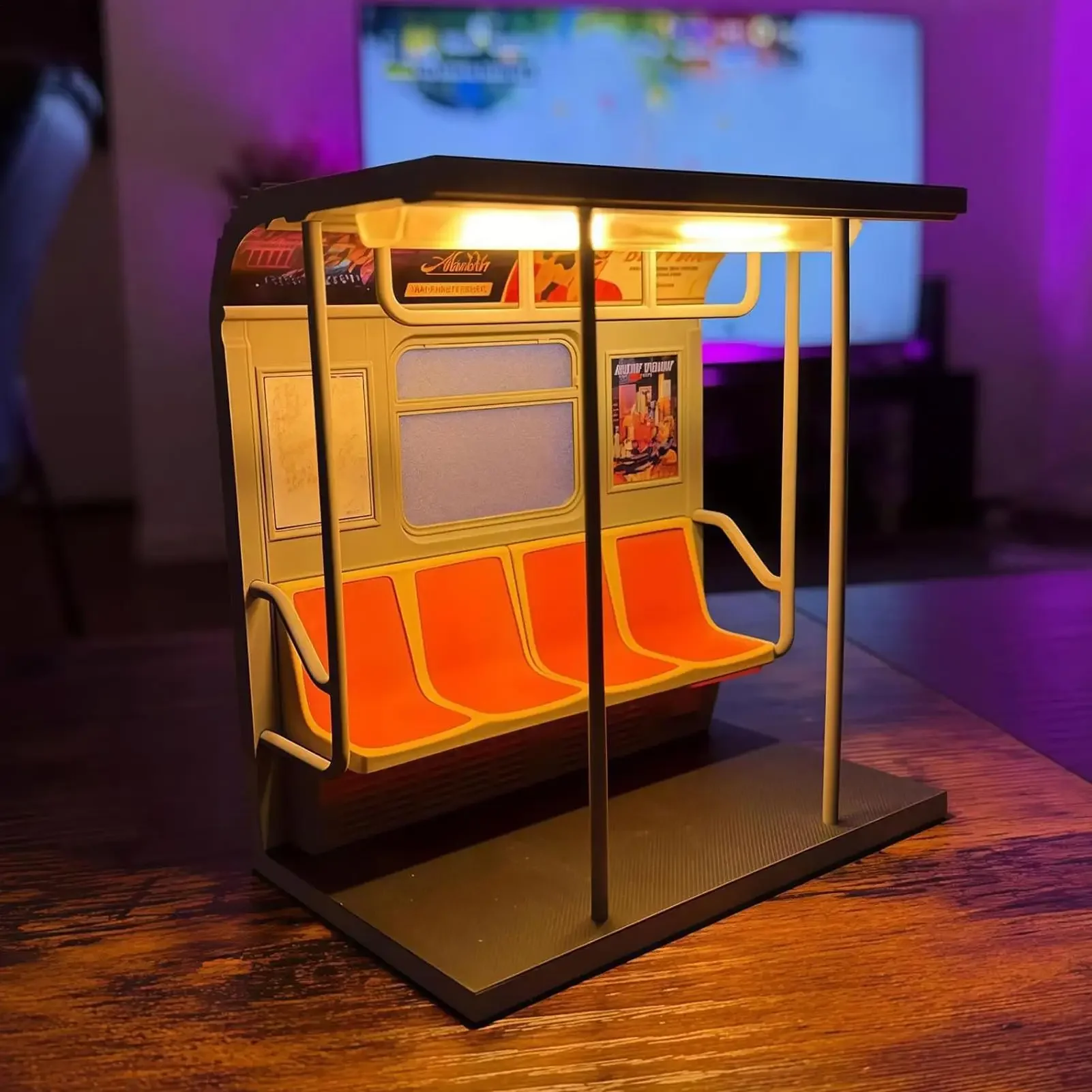 Subway Train Light Retro LED Car Model Nightlight with 3 Replaceable Train Posters Table Lamp for Men Kids Adult Family Bedside