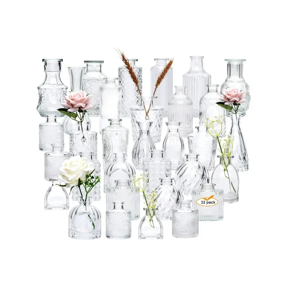 Set of 32 Bud Vases for Flowers, Small Vintage Glass Bottles for Rustic Wedding Centerpieces and Home Decor