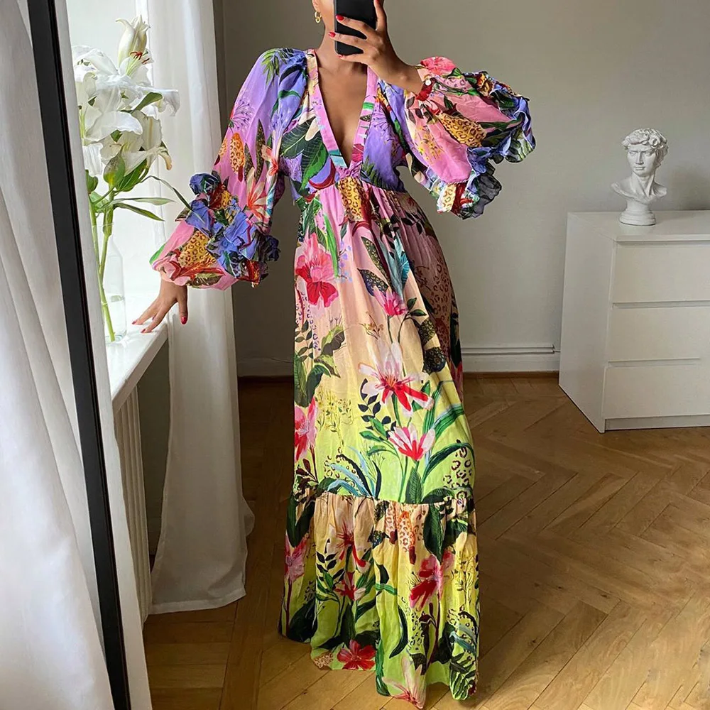 Fashion Printed Gradient Ruffled V-neck Long Dresses for Women Sexy Slim Lantern Sleeve Party Vestidos Female Elegant Robe