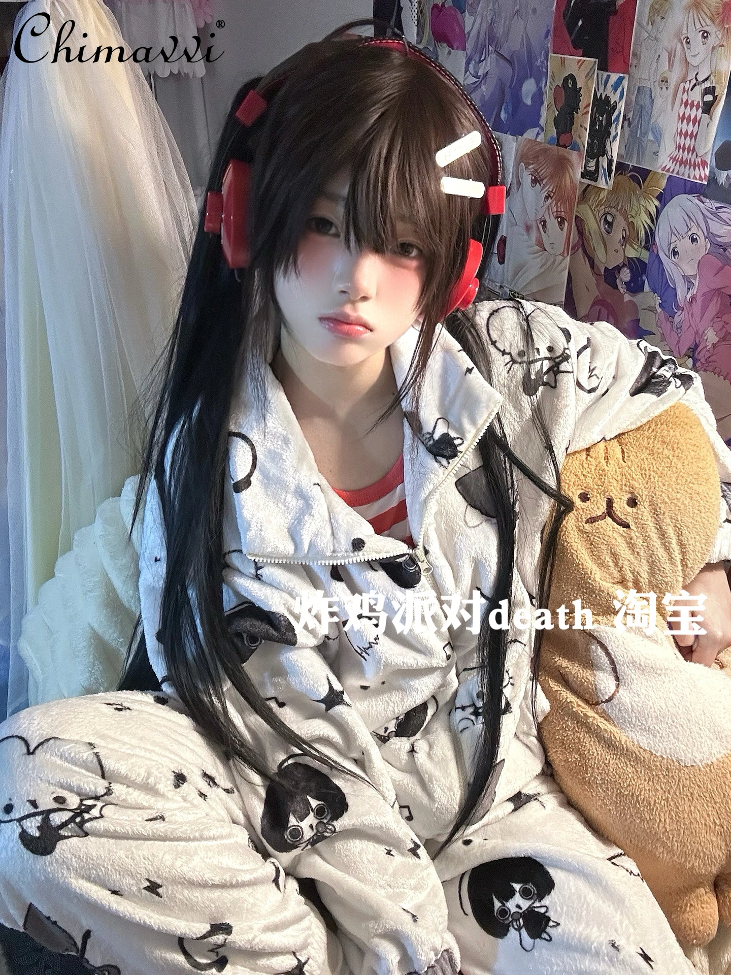 

Japanese Sweet Cool Girl Flannel Thickened Pajama Set Winter New Fashion Zipper Stand Collar Top Long Pants Homewear Set