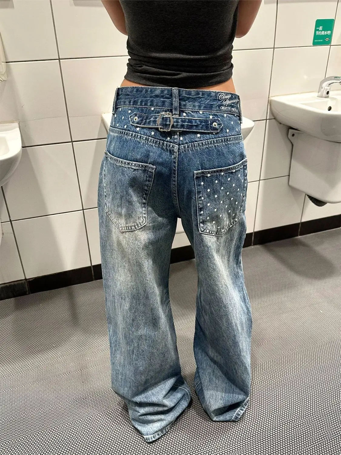 

Large Size American Paris Button Design Washed Denim Pants Women's Retro Star Print Loose Straight Leg Wide Leg Trousers