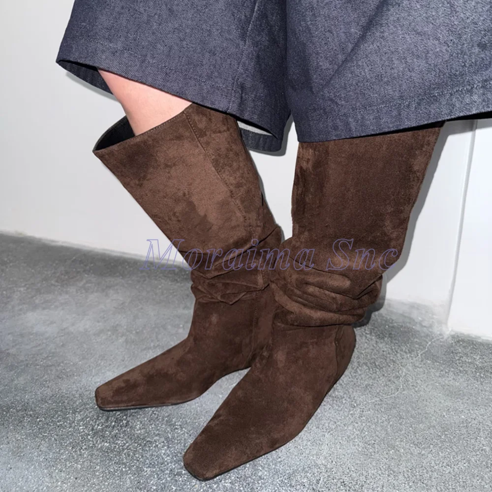 

Height Increasing Pleated Knee High Boots Pointed Toe Slip On Suede Leather Fashion Women Western Boots Autumn Winter 2026 New
