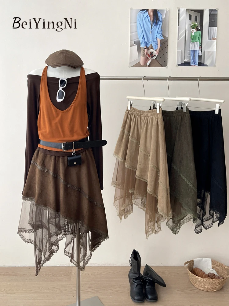 Beiyingni Fashion Y2K Midi Skirt Women Solid Color Lace Spliced Leisure Elastic Waist Skirts Hotgirls Streetwear Korean Faldas