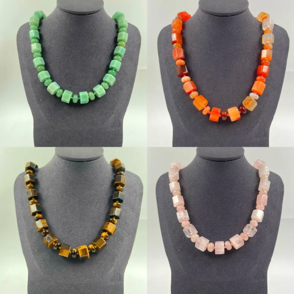 

Natural Agate Cube Bead Necklace, Hand Knotted Tumbled Stone Barrel Bead Necklace for Women